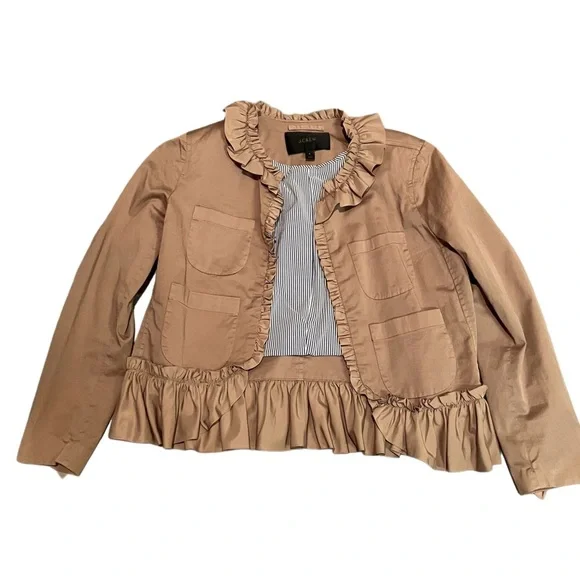 J Crew Tan Frill Peplum Crop Jacket with seersucker lining accents Size 6 - Picture 10 of 12